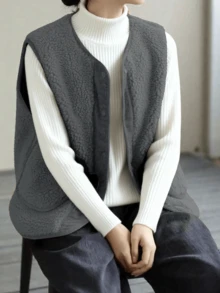 Plus Size Women's Front Button Pocket Ribbed Elegant Casual Vest Jacket, Suitable For Casual, Daily Commute - Grey - View 5