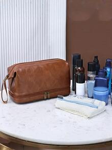 Men's Waterproof Travel Toiletry Bag, Portable Cosmetic Organizer Bag With Zipper, Vintage Stitching PU Leather Toiletry Bag, Large Capacity Travel Business Men's Toiletry Bag, Gift For Men - Multicolor - View 9
