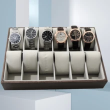 12-Slot Black Walnut Grain PU Leather Watch Display Stand, Watch Live Streaming Display Rack, Watch Counter Display Props - Brown - View 7