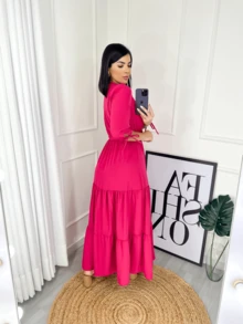 Women's Evangelical Long Dress With 3/4 Sleeves, Plain Colors, In Silk Crepe - MỊN HỒNG - Xem 4