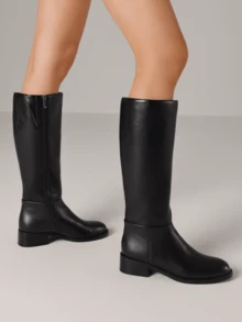 Women's Knee High Boots Round Toe Flat Wide Calf Long Boots Riding Boots Knight Boots Side Zipper Suitable For Outdoor Commuting Office - a黑色 - 查看 4