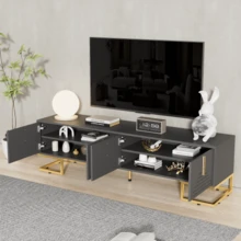 TV Stand, Low Cabinet With Textured Door, Gold Handles And Legs. - Grey - View 7