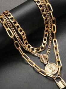 1 set de collier à chaîne vintage, convient pour les vacances, les fêtes, les cadeaux et le port quotidien - Doré - Voir 2