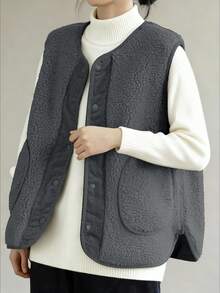 Plus Size Women's Front Button Pocket Ribbed Elegant Casual Vest Jacket, Suitable For Casual, Daily Commute - Grey - View 2