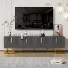 TV Stand, Low Cabinet With Textured Door, Gold Handles And Legs. - Grey - View 4