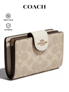 Coach 中号转角拉链钱包，采用标志性帆布，金色/沙色/粉笔色 - 女士手拿包小钱包拉链钱包 - 奢华时尚设计皮革 - 圣诞礼物 - 旅行必需品，日常使用学校/办公室 - Gold/Sand/Chalk - 查看 1