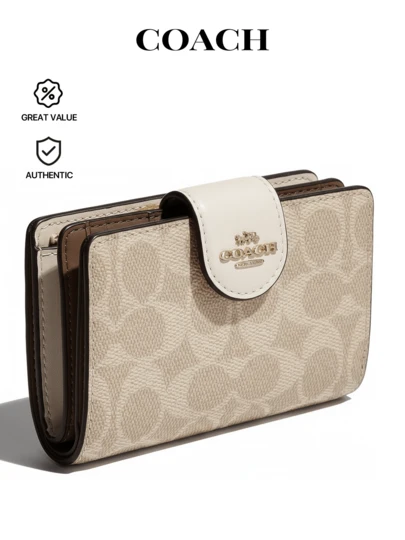 Coach Medium Corner Zip Wallet In Signature Canvas Gold/Sand/Chalk - For Women Ladies Clutch Purses Small Wallet Bag Zip Wallets - Luxury Stylish Design Leather - Christmas Gift Present - Travel Essentials Daily Use School/Office