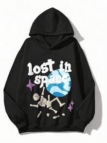 秋季纯色街头运动宽松连帽衫，泡沫印花长袖原宿嘻哈女款连帽衫 - 黑色 - 查看 4