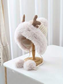 1頂卡其色滑雪帽,中性風格,帶有鹿角毛球和耳瓣,柔軟針織帽,保暖透氣,適用於日常通勤或戶外活動