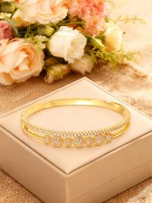 1 pieza/5 piezas Brazalete de cobre con circonita personalizado de moda, diseños diversos, personalizado distintivo, que muestra estilos únicos y sabiduría, regalo perfecto para el día de la madre - Dorado - Ver 14