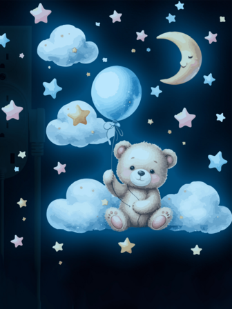 1 pieza Pegatina de pared de oso de peluche azul que brilla en la oscuridad con estrellas y robot - Vinilo reutilizable y lavable para sala de estar, dormitorio, estudio - Tema nocturno caprichoso, decoración del hogar con oso
