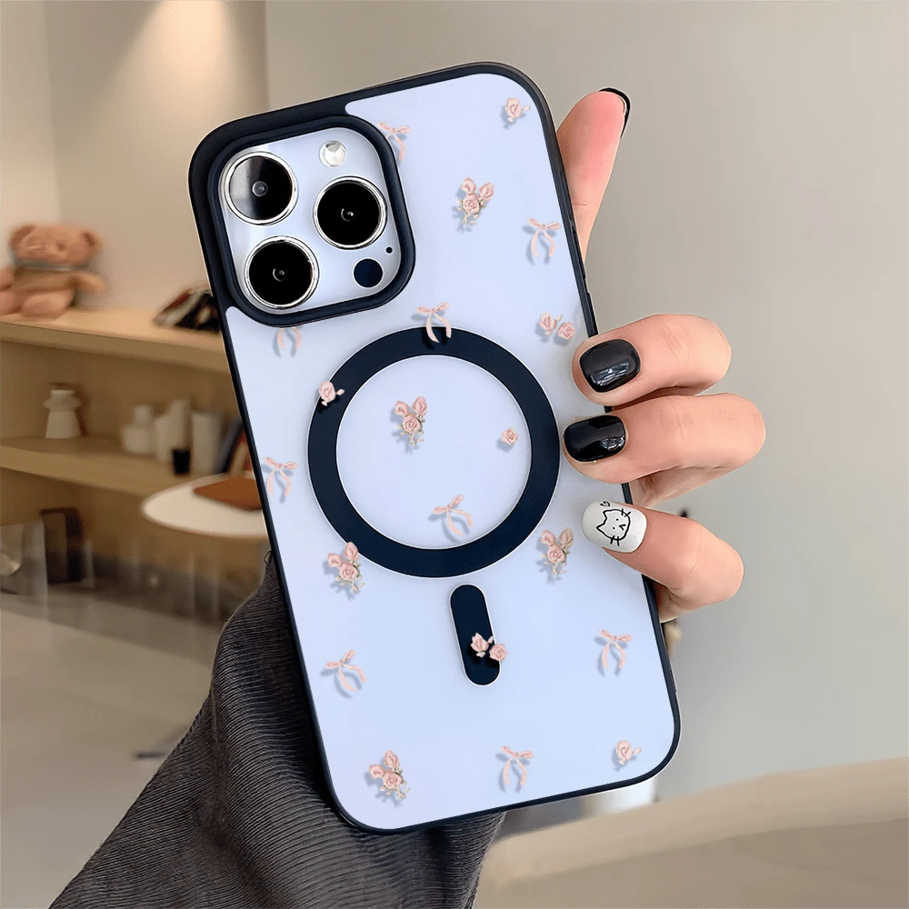 1 Piece, Small Flower Bow Pattern, Simple And Stylish Phone Case, Using Magnetic Structure, Suitable For IPhone 11/12/13/14/15/17/Air/Pro/Plus/Pro Max And Galaxy S22/S223/S824/S25/Ultra/FE/EDGE Models, Supporting Wireless Charging Function. Can Be Used As A Gift For Friends, And Is Also Suitable For Special Occasions Such As Christmas, New Year, Valentine's Day, Etc. - 黑色 - 查看 1