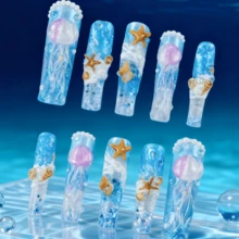 10 Pcs  Handemade Long Press-On Nails Long Acrylic M Fake Nails With Octopus, Starfish, Seashells -Dreamy Marine Style Pure Handmade Perfect For Spring-Summer Dates, Parties & Birthday Gift - Màu xanh lam - Xem 4