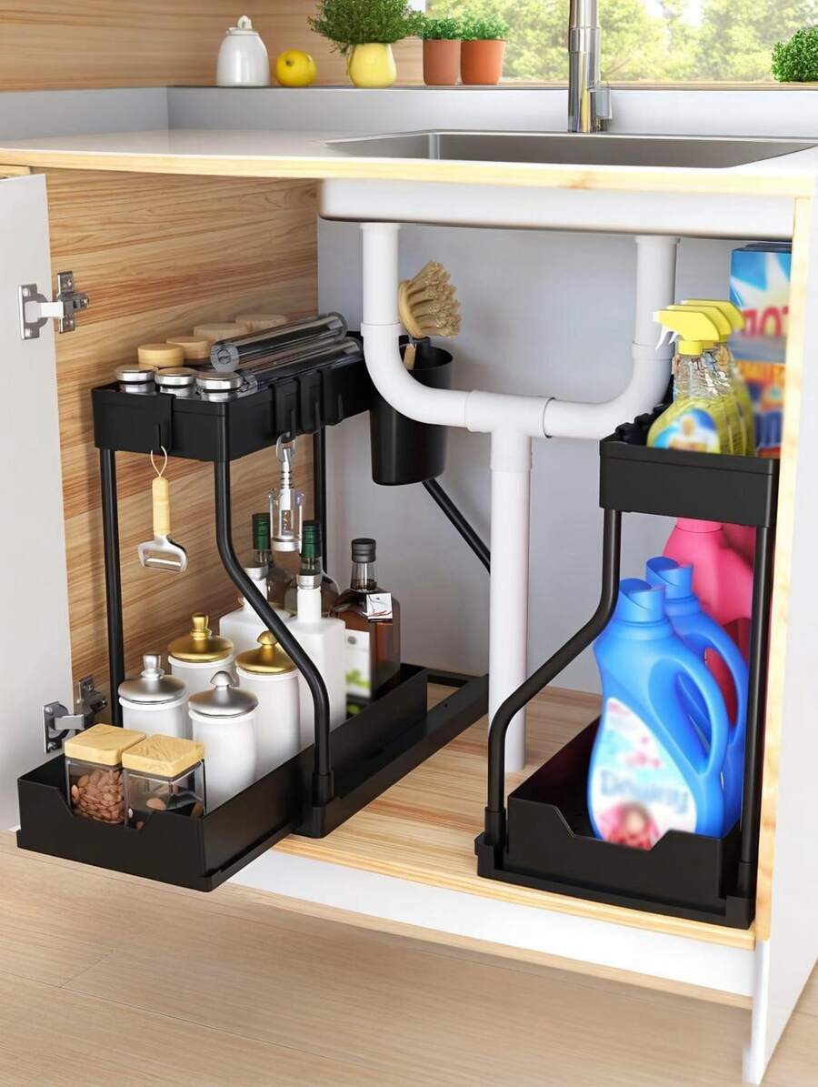 Brodark 1个黑色/白色双层滑动式水槽收纳架，带金属框架，多功能浴室柜篮抽屉，适用于收纳化妆品和配件，浴室收纳架