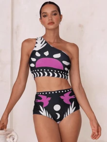 Bộ đồ bơi 3 mảnh gợi cảm thời trang mới về dành cho nữ, quần bơi in họa tiết lưới, thích hợp cho kỳ nghỉ biển. - Màu đỏ hồng trên nền đen - Xem 2