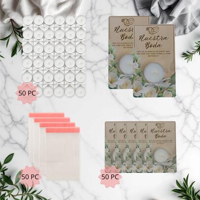 "Recuerdos para Boda: Velas de Té Decorativas con Moños, Tarjeta y bolsita de celofán individual 50 pz"