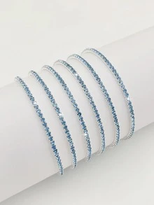 6 件套女士超薄 2 毫米水晶弹力手链，透明白钻银色手镯，时尚派对和度假配饰，镶嵌闪亮锆石 - 淺藍色 - 查看 5