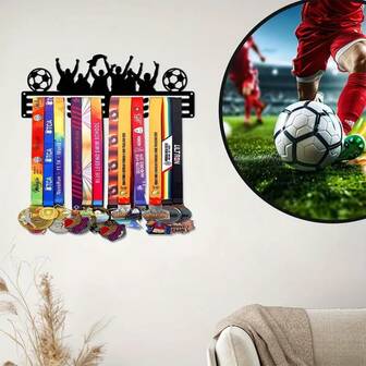 1pc Football Medal Hanger - Metal Trophy Display Rack, With Football Player Action Design, Champion & Athlete Medal Hooks - Home, Office, Trophy Box Decor, Sports Decor, Sturdy Iron Structure, Black Finish, Sports Enthusiasts, Modern Decor, Sports Room Decor - Ideal Gift For Athletes, Football Players