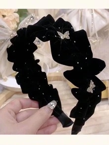 1pc New Style Velvet Folded Headband With Lace, Vintage Rhinestone Decor Butterfly Detail For Teenage Girls, Discounted - Black - View 4
