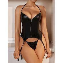 HZ - Lencería Sexy para Mujer, Conjunto de Bata con Escote en V Profundo en Cuero Suave y elástico. Disponible en Tallas S, M, L, XL. - Negro - Ver 7