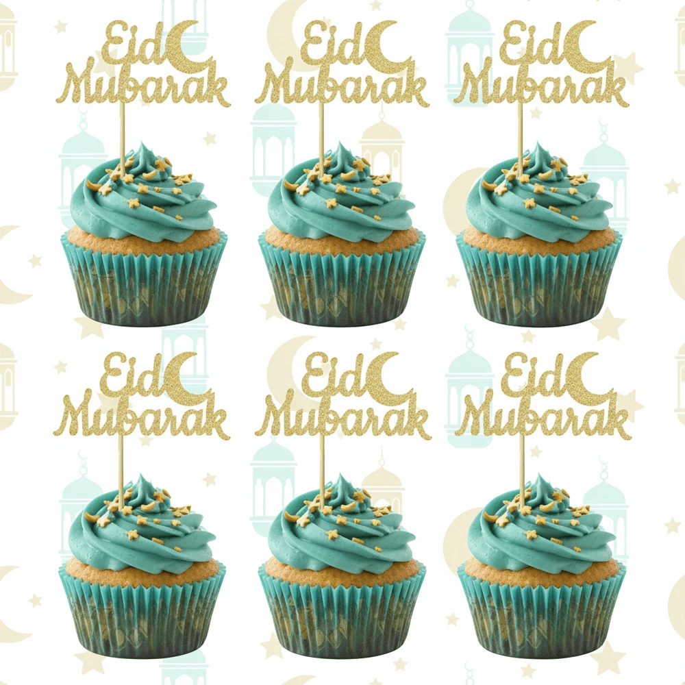 12/24 chiếc que cắm bánh cupcake lấp lánh vàng "Eid Mubarak" | Que cắm bánh hình trăng lưỡi liềm | Trang trí lễ Eid Ramadan theo đạo Hồi - Nhiều màu - Xem 1