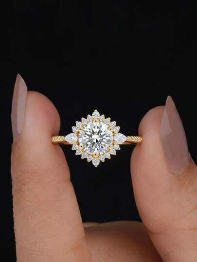 1 szt. okrągły pierścionek z diamentem w kształcie kwiatu, biżuteria damska, srebro próby 925, inkrustowane cyrkoniami sześciennymi, luksusowy i wykwintny, prezent na zaręczynowy pierścionek ślubny