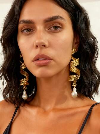 1对复洛克合金几何扭纹丝带奢华时尚T台仿珍珠吊坠耳环（女士款）