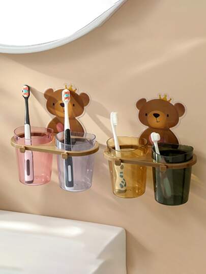 2/1/Pcs Toothbrush Holder With Gargle Cup, Wall Mounted Toothbrush Storage Rack, Punch-Free Bathroom Storage Organizer, Cute Bear Toothbrush Holder With Toothbrush Cup, Bathroom Accessories