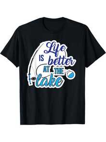 Men's Outdoor Fishing Hiking Camping T-Shirt - "Life Is Better By The Lake" Graphic T-Shirt With Fishing Rod And Lake Design - Four Seasons Casual Short Sleeve Crew Neck 2025 - 黑色 - 查看 7