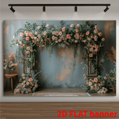 One 2D Flat Elegant Floral And Green Arch, Paired With Pink Roses, White Hydrangeas And Balloon Backgrounds - Perfect For Weddings, Events And Special Occasions. Made Of Polyester, It Is Ideal For Both Indoor And Outdoor Use, With Floral Decorations