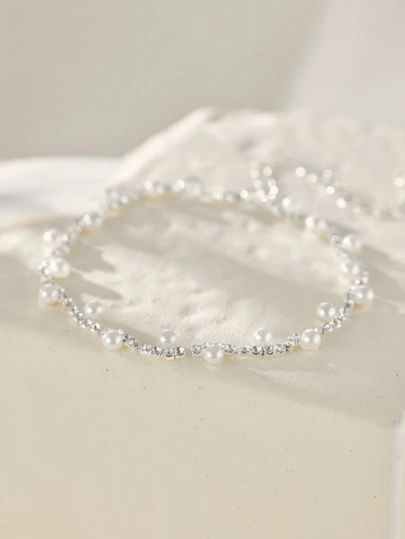 1pc Minimalist Claw Chain Crystal & Faux Pearl Inlaid Bridal Bracelet Valentine's Day Accessories
