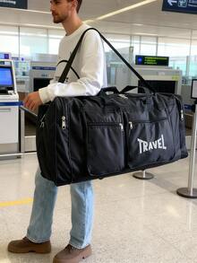 超大号储物行李袋，带拉链和提手，大号可折叠行李袋，适合男士旅行，装备袋，可折叠周末旅行袋，适合过夜露营 - 黑色 - 彩色 - 查看 2