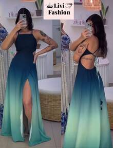 Ombre Dress, Print With Special Effect, Bare Back / Backless, Cutout / Cut Dress, Formal And Evening, Beach, Holiday, Wedding, Everything. - 海軍藍和淺薄荷綠 - 查看 3