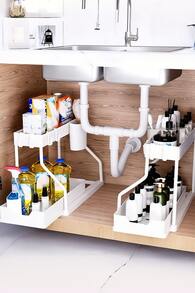 Brodark 1pc Black/White Double-Layer Sliding Sink Organizer Rack With Metal Frame, Multifunctional Bathroom Cabinet Basket Drawer, Versatile Storage Solution For Cosmetics And Accessories, Bathroom Organizer Shelf
