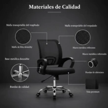 Silla de Oficina Moderna con Respaldo de Malla | Altura Ajustable | Giratoria 360° | Inclinación Ajustable | Para Hogar y Oficina - Negro - Ver 7