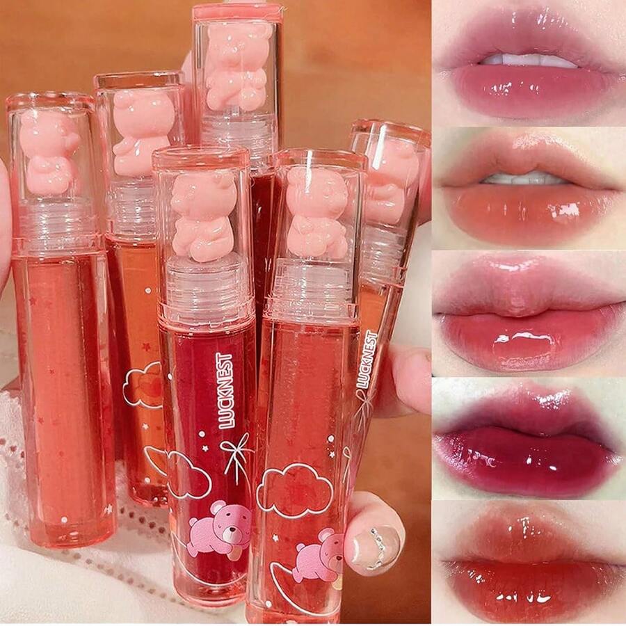 6Pcs Cute Bear Water Mist Mirror Glass Lip Glaze Moisturizing And Moisturizing Lip Gloss Lipstick - 彩色 - 查看 1