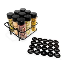 Seasoning Condiment Spice Holder Kit With 9 Plastic Jars 130ml Double Measuring Lid Iron Basket With Handle To Organize Kitchen Countertop Home Pantry Cabinet - 黑色 - 查看 10
