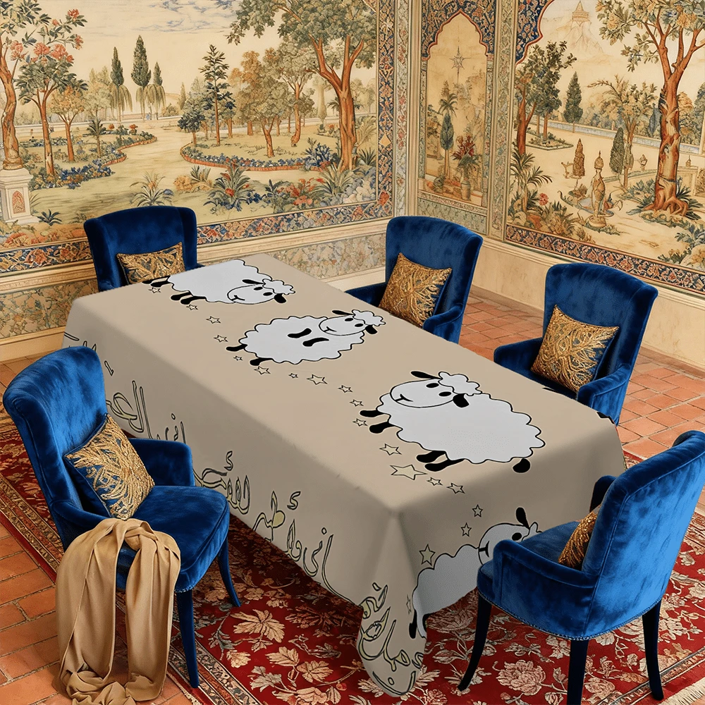 1 buc față de masă drăguță cu oaie, față de masă cu modele de saluturi cu scriere arabă pentru decor de sărbători, petreceri, mese și ocazii speciale, decorațiuni pentru festivaluri islamice, ușor de curățat - Multicolor - Vizualizare 1
