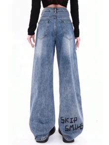 Y2K Street Washed Letter Cartoon Print Slant Pocket Wide Leg Jeans Preppy Comfort Denim Pants - Blue - View 4