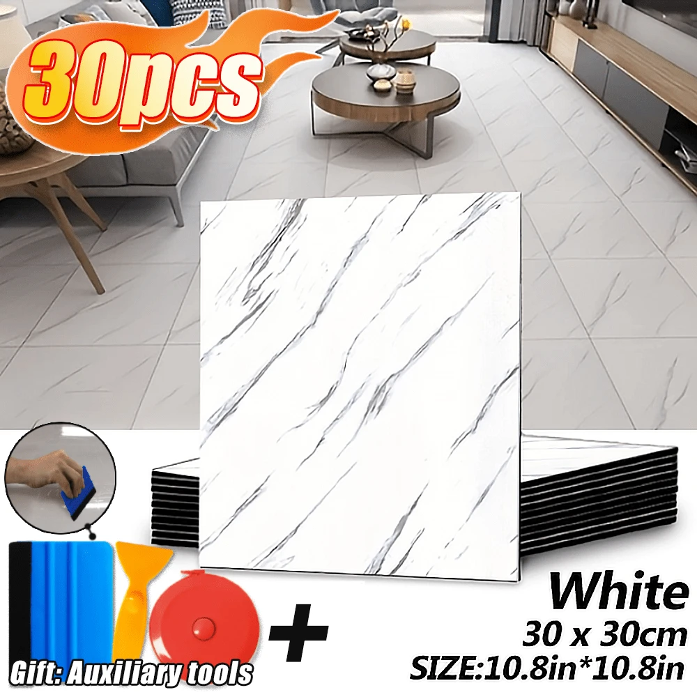 30pcs PVC Imitation Marble Thickened Floor Stickers, Wall Stickers, DIY Anti-Slip Self-Adhesive Floor Stickers, Peel-Off Thickened Floor Stickers, Moisture-Proof, Suitable For Kitchen, Bathroom, Furniture Decoration 3D Wall Panels, Wall Stickers - 白色-1 - 查看 1