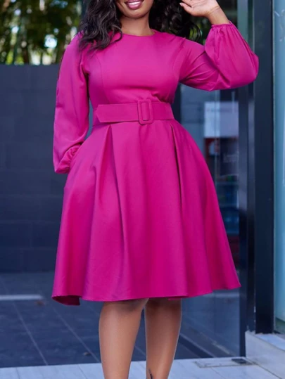 Vestido midi elegante de mujer con volantes en el bajo, cuello redondo, bolsillos, unicolor, tela adecuada para ocasiones elegantes, casuales, formales, oficina, otoño