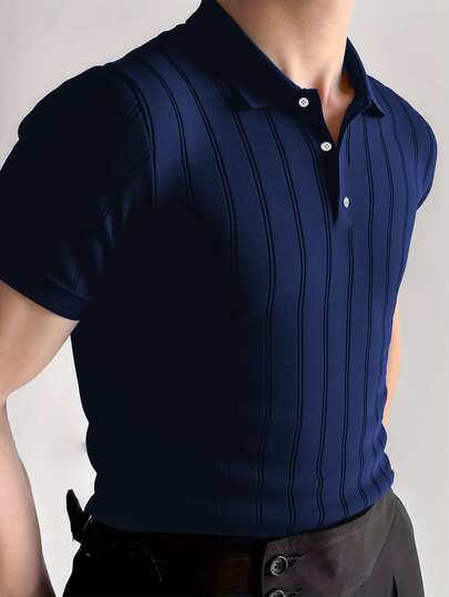  ALTZTAR Men's Ribbed Short Sleeve Polo Neck Knit Top, Suitable For Daily Wear, Outdoor & Commuting