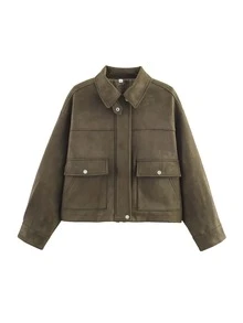 女士橄榄绿麂皮夹克，休闲宽松版型飞行员夹克，适合春秋季穿着。 - 橄欖綠 - 查看 3