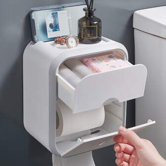 易于安装的防水卫生纸巾架，带收纳功能 - 壁挂式，无需钻孔塑料收纳架