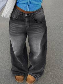 Gray American Retro Wide-Leg Jeans For Women 2025 Autumn New Ripple Drape Loose Straight Floor-Length Pants