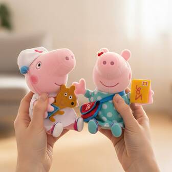 Colgante de peluche con licencia oficial de Peppa Pig - Diseño de disfraz de cartero y enfermera - Lindo juguete de peluche colgante de dibujos animados para mochilas, bolsos y llaves - Llavero de muñeco de peluche suave para niños, estudiantes y adolescentes - Altura sentada de 15 cm/5.9 pulgadas y altura de pie de 19 cm/7.5 pulgadas - Accesorios de peluche coleccionables - Regalo perfecto para cumpleaños, San Valentín, Pascua, Día del Niño, Halloween, Acción de Gracias, Navidad y Año Nuevo