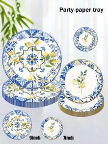 24 pièces/set, Plateau en papier jetable, Plateau en papier bleu motif citron 7 pouces + 9 pouces, Convient pour les enterrements de vie de jeune fille, les dîners, les anniversaires, assiettes de fête, Set de 24 pièces, Nouveau set de vaisselle de fête et d'anniversaire thème porcelaine bleu et blanc, Assiettes, Mouchoirs, Gobelets en papier - Multicolore - Voir 1