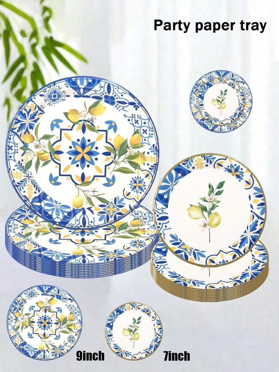 24 pièces/set, Plateau en papier jetable, Plateau en papier bleu motif citron 7 pouces + 9 pouces, Convient pour les enterrements de vie de jeune fille, les dîners, les anniversaires, assiettes de fête, Set de 24 pièces, Nouveau set de vaisselle de fête et d'anniversaire thème porcelaine bleu et blanc, Assiettes, Mouchoirs, Gobelets en papier - Multicolore - Voir 1
