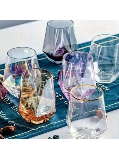 Set di 6 bicchieri di lusso in stile nordico, 1/2 con bordo dorato, 1/2 ambra, 1/2 grigio fumo, 1/2 colorati, 1/2 rosa, 1/2 trasparenti, bicchieri esagonali misti e creativi per acqua, succo, tè, latte, caffè, regalo