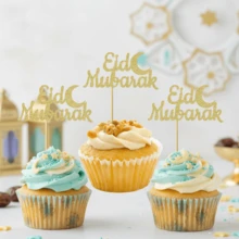 12/24 chiếc que cắm bánh cupcake lấp lánh vàng "Eid Mubarak" | Que cắm bánh hình trăng lưỡi liềm | Trang trí lễ Eid Ramadan theo đạo Hồi - Nhiều màu - Xem 4
